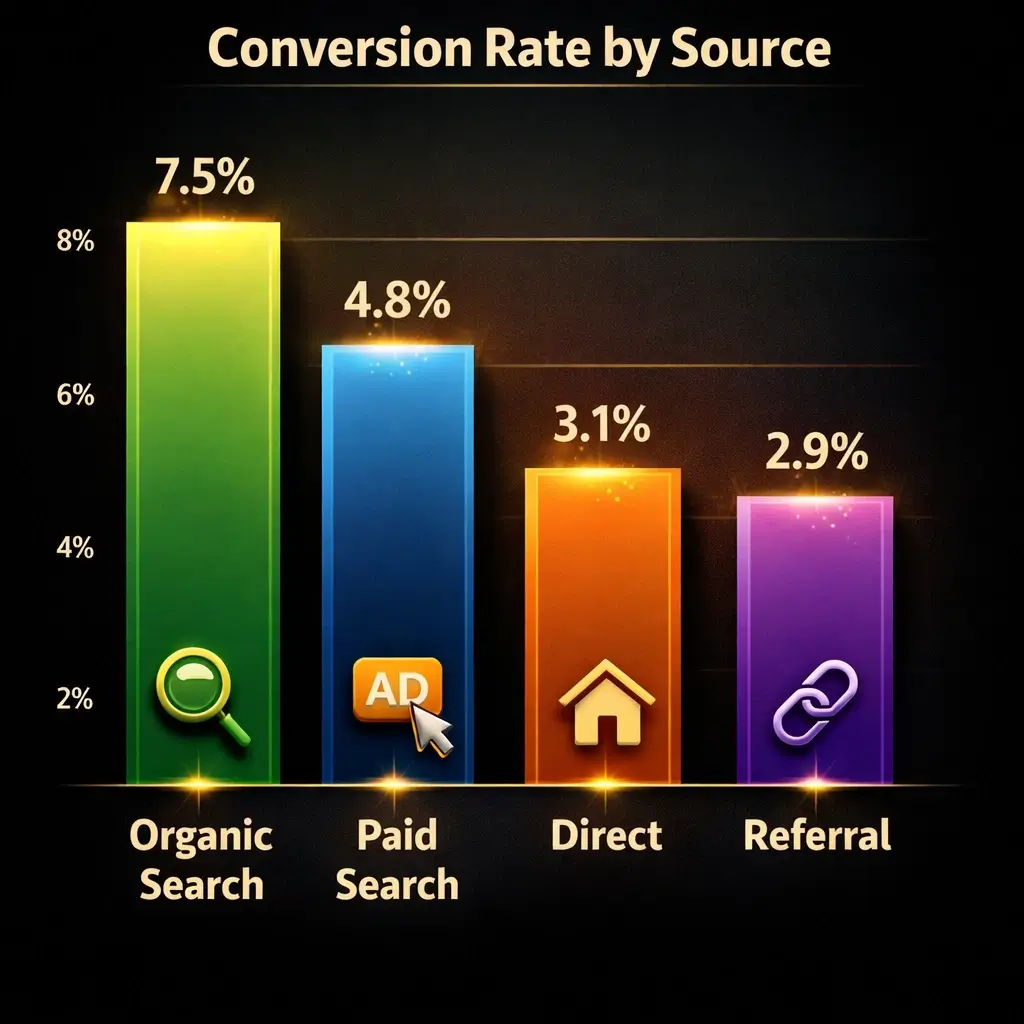 The 5 Website Metrics That Predict Business Growth (Most Businesses Are Watching the Wrong Numbers) 6 Bar chart showing conversion rate by traffic source including organic search paid search direct and referral traffic for business growth analysis