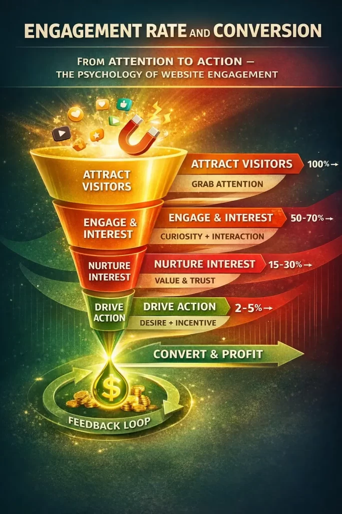 The 5 Website Metrics That Predict Business Growth (Most Businesses Are Watching the Wrong Numbers) 4 Marketing funnel infographic showing how engagement rate influences website conversions and business growth from visitor attraction to final conversion