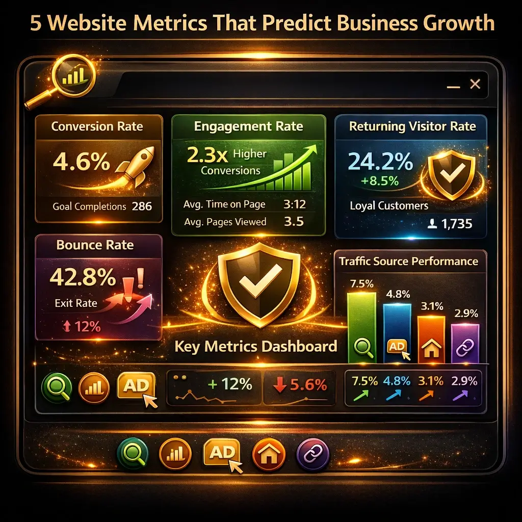The 5 Website Metrics That Predict Business Growth (Most Businesses Are Watching the Wrong Numbers) 7 Digital analytics dashboard showing five website metrics that predict business growth including conversion rate engagement returning visitors traffic sources and performance trends