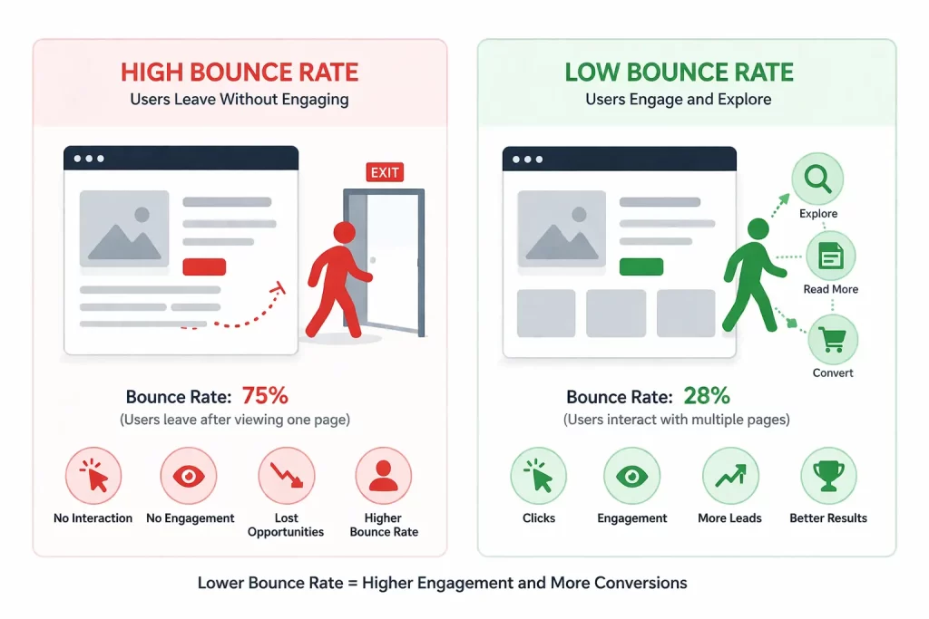 Signs Your Website Is Costing You Customers (And What to Do About It) 4 high bounce rate vs low bounce rate comparison showing users leaving vs engaging on a website
