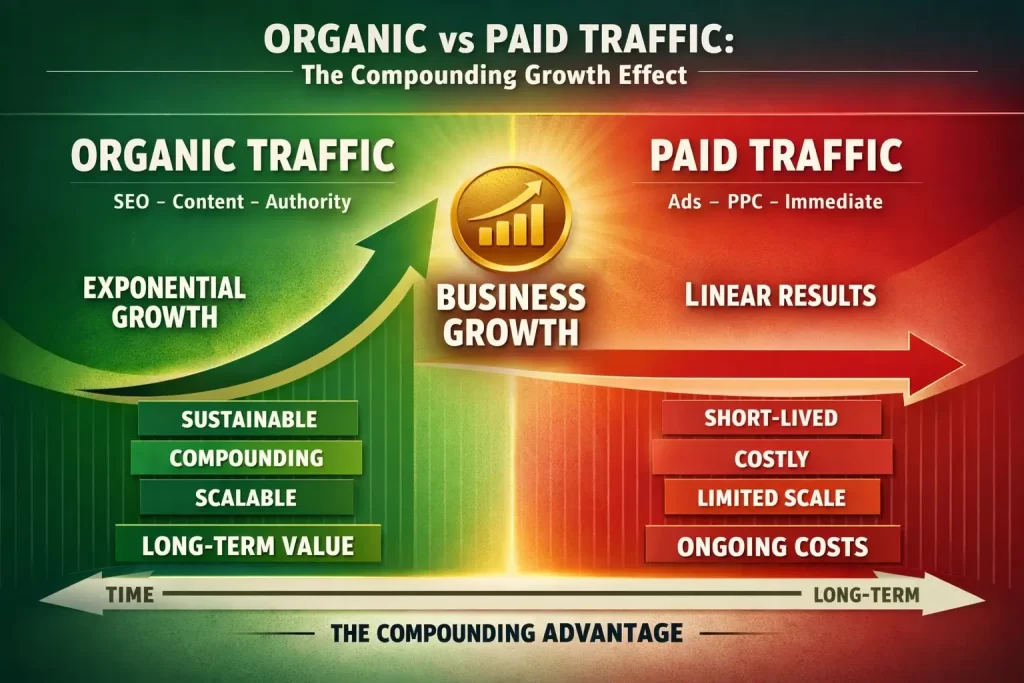 The 5 Website Metrics That Predict Business Growth (Most Businesses Are Watching the Wrong Numbers) 3 Infographic comparing organic traffic compounding growth with paid traffic short term results showing impact on business growth