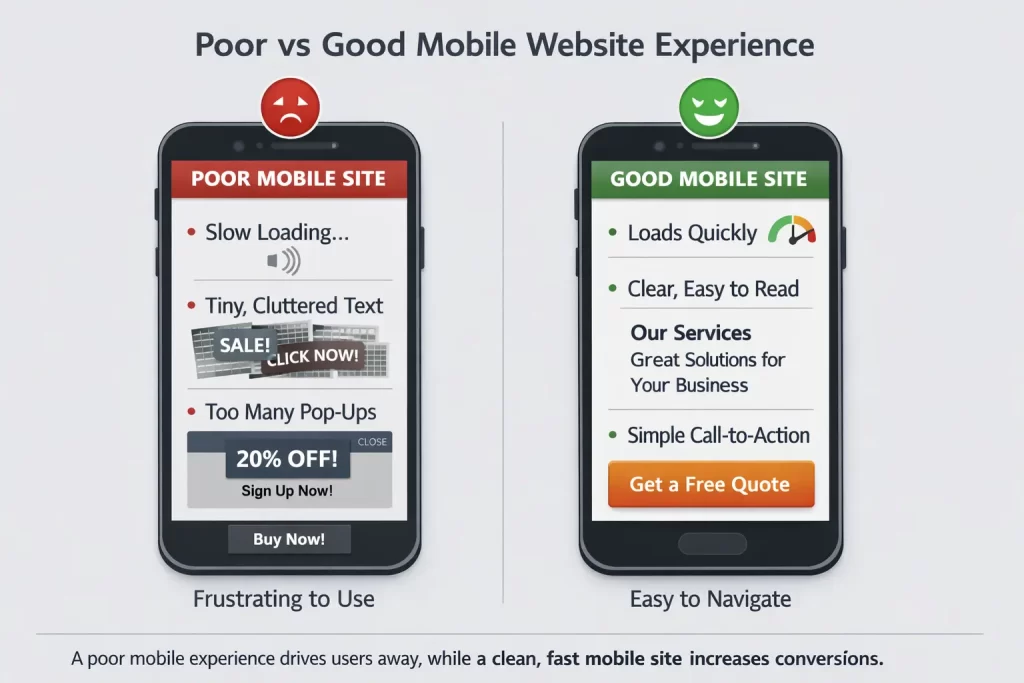 Signs Your Website Is Costing You Customers (And What to Do About It) 3 poor vs good mobile website UX comparison showing slow cluttered design vs fast optimized mobile experience