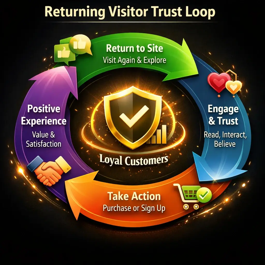 The 5 Website Metrics That Predict Business Growth (Most Businesses Are Watching the Wrong Numbers) 5 Infographic showing returning visitor trust loop cycle demonstrating how repeat website visits build customer loyalty engagement and business growth