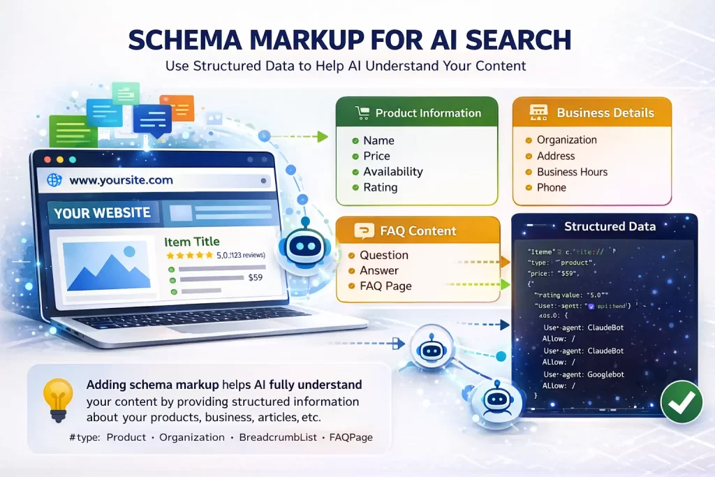How to Audit Your Website for AI Visibility (Step-by-Step for 2026) 4 schema markup structured data helping AI understand website content including product information, FAQ and business details