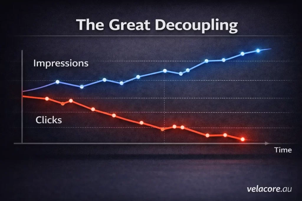 Graph showing impressions increasing while clicks decline over time due to AI Overviews