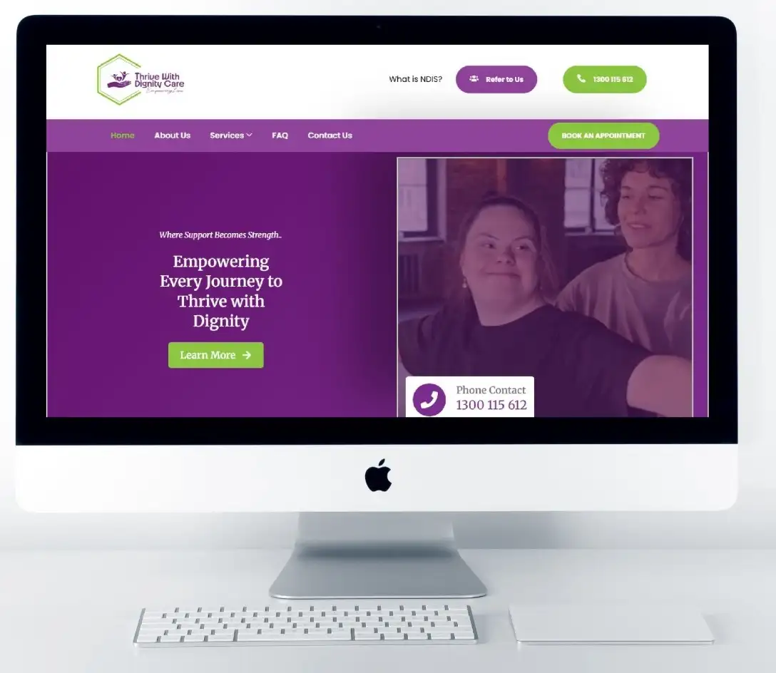 NDIS Website Design 4 Thrive With Dignity Care NDIS website design featuring accessibility-first layout and clear service pathways for families and support coordinators