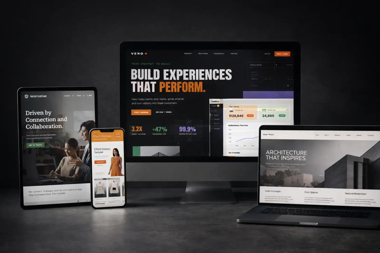 Website cost by project type in Australia shown across brochure, business, ecommerce, and custom website layouts