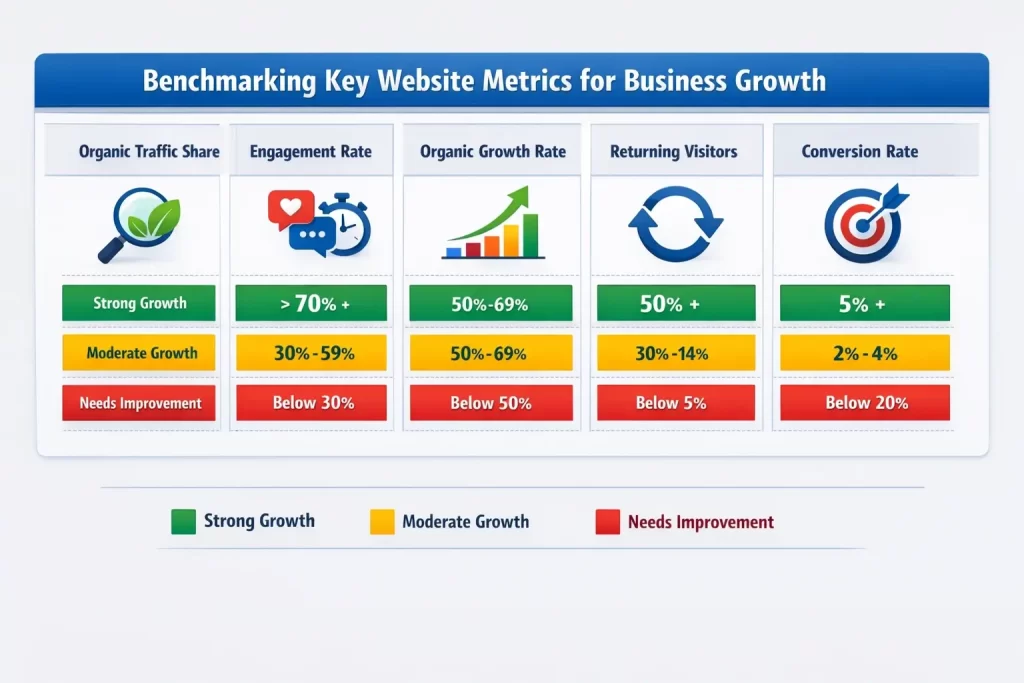 The 5 Website Metrics That Predict Business Growth (Most Businesses Are Watching the Wrong Numbers) 2 Infographic showing benchmark ranges for website metrics that predict business growth including organic traffic share engagement rate growth rate returning visitors and conversion rate