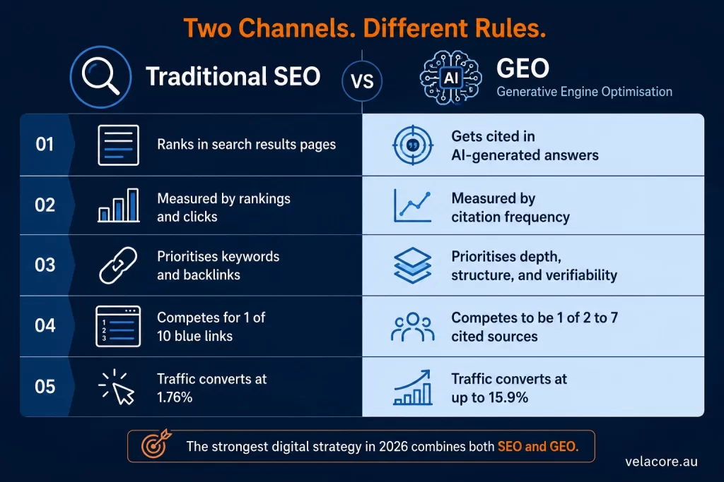 What Is Generative Engine Optimisation (GEO) and How Does It Work? 3 Generative engine optimisation GEO vs traditional SEO comparison infographic showing key differences in ranking, measurement, and conversion rates.