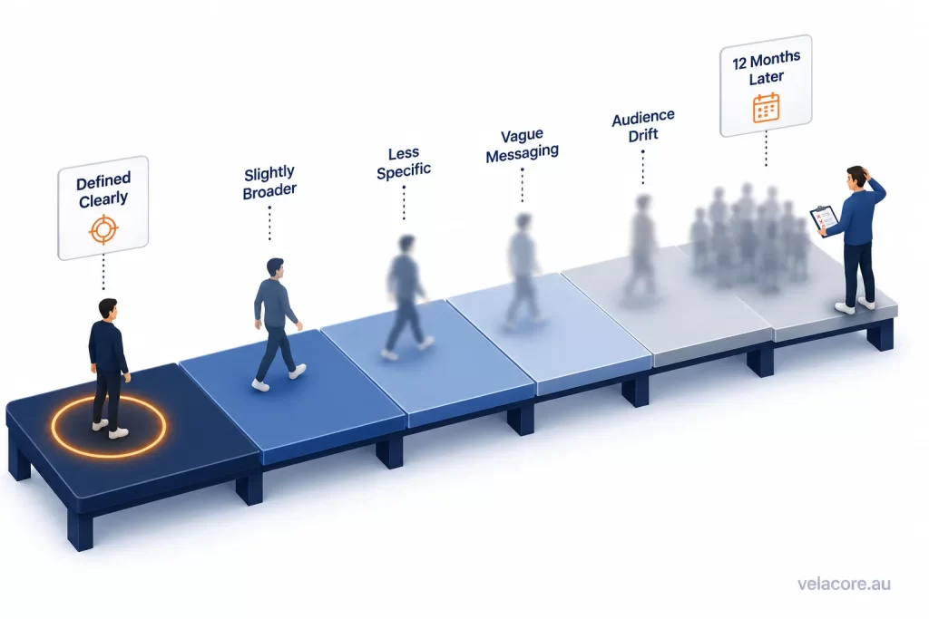 How to Find Your Target Audience (Not Just Your Target Market) 6 Illustrated scene showing audience creep and how a target audience quietly widens over time