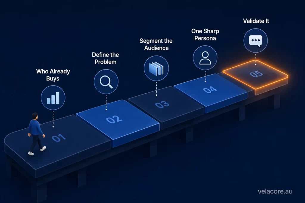 How to Find Your Target Audience (Not Just Your Target Market) 4 Illustrated five-step journey showing how to find your target audience from customer data to validation