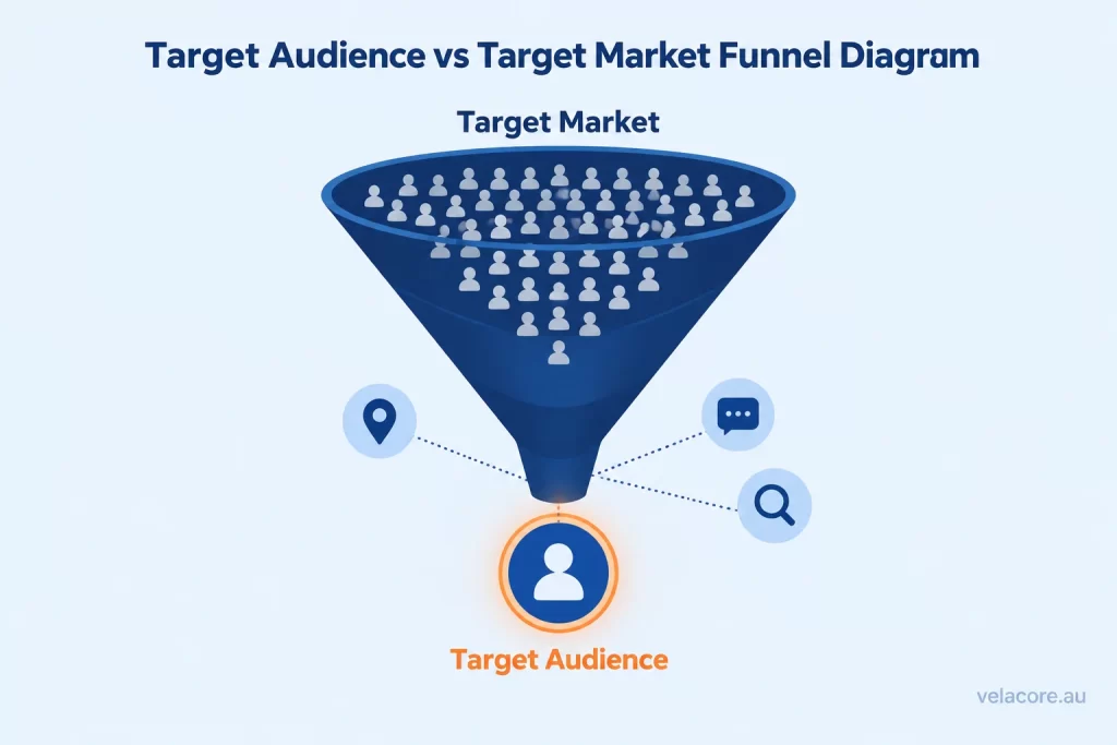 How to Find Your Target Audience (Not Just Your Target Market) 2 Funnel diagram comparing target market and target audience as part of how to find your target audience