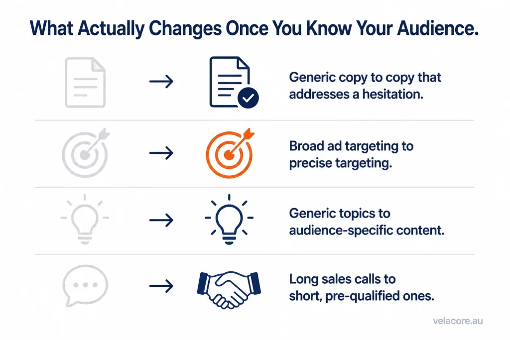 How to Find Your Target Audience (Not Just Your Target Market) 8 Before and after icon infographic showing what changes once a business learns how to find your target audience