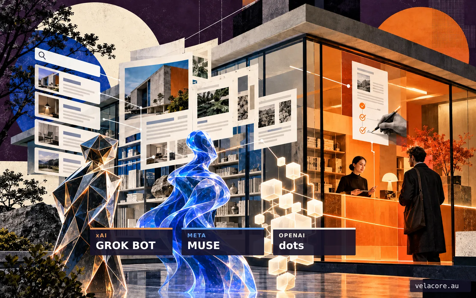 Grok Bot, Muse and dots approaching an AI agent-ready website that keeps customer actions under human control