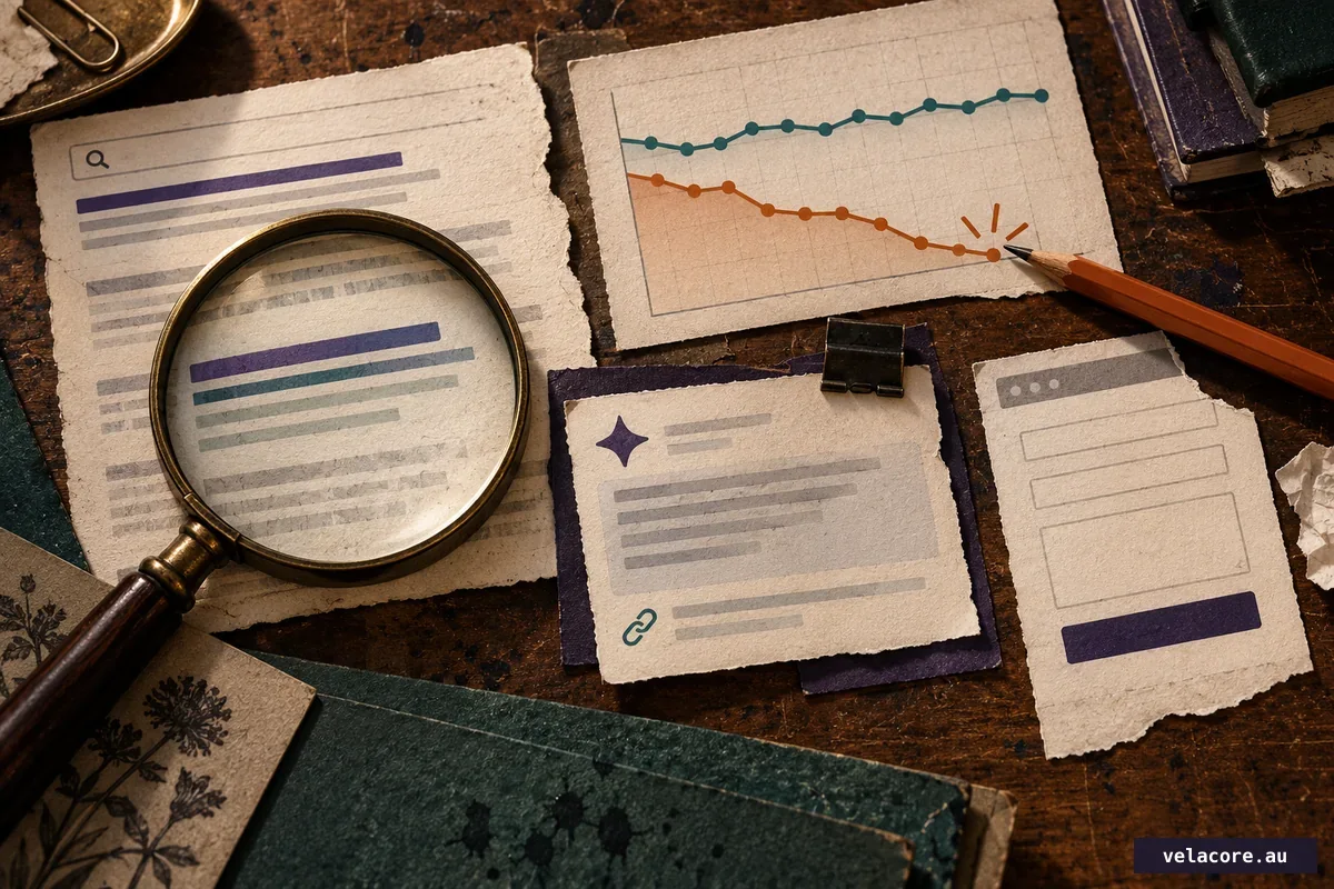 A magnifying glass examines search results, a clicks trend, an AI citation and an enquiry form to diagnose where traffic or leads were lost