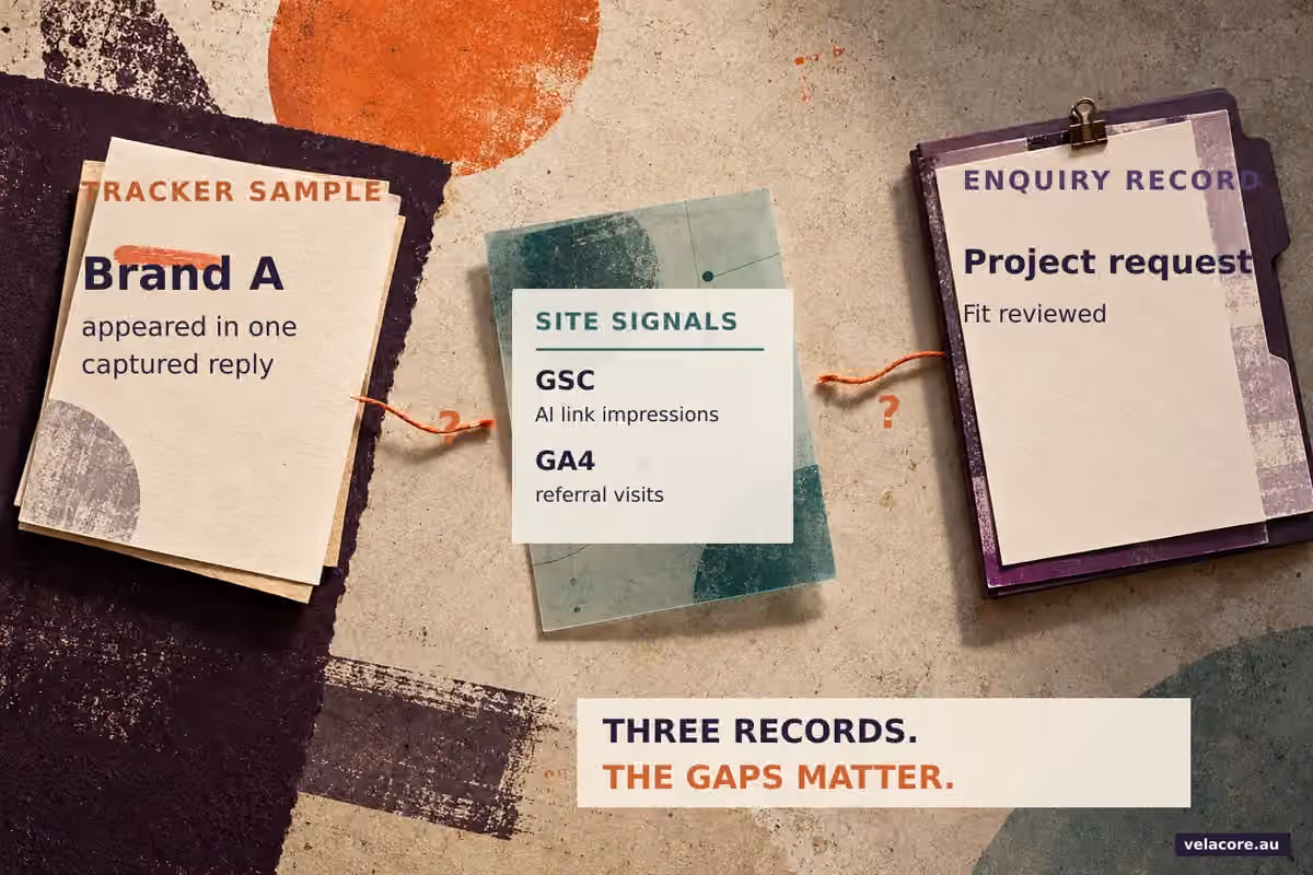 Three separate paper records for an AI tracker, Search Console and GA4, and a CRM are divided by broken threads that represent attribution gaps