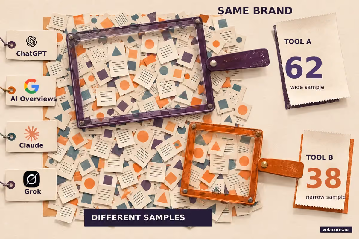 AI visibility tools sample ChatGPT, Google AI Overviews, Claude and Grok answers through different windows, producing illustrative scores of 62 and 38 for the same brand.
