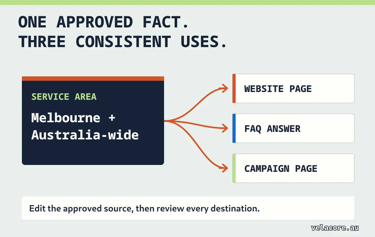 One approved service-area field supplies the website page, FAQ and campaign page instead of three conflicting copies