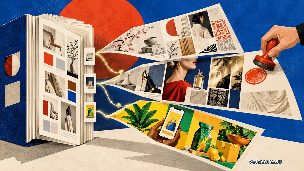AI-powered content localisation illustrated as one content source opening into three market editions with a human approval stamp