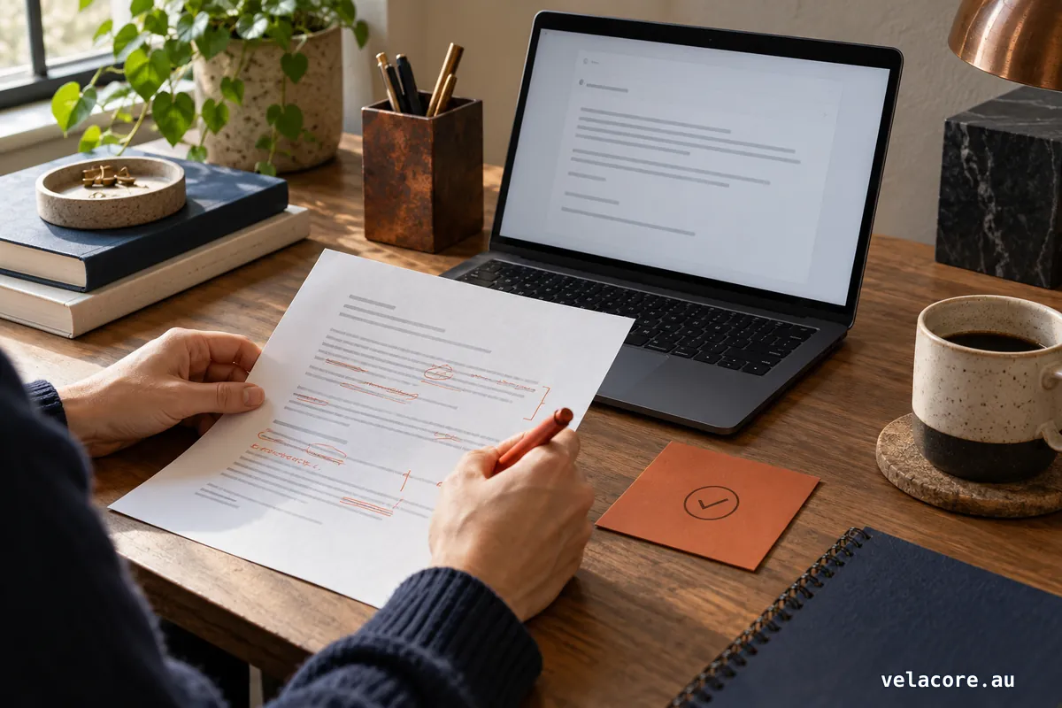 Editorial scene showing a business owner reviewing an assistant-mediated enquiry before approval