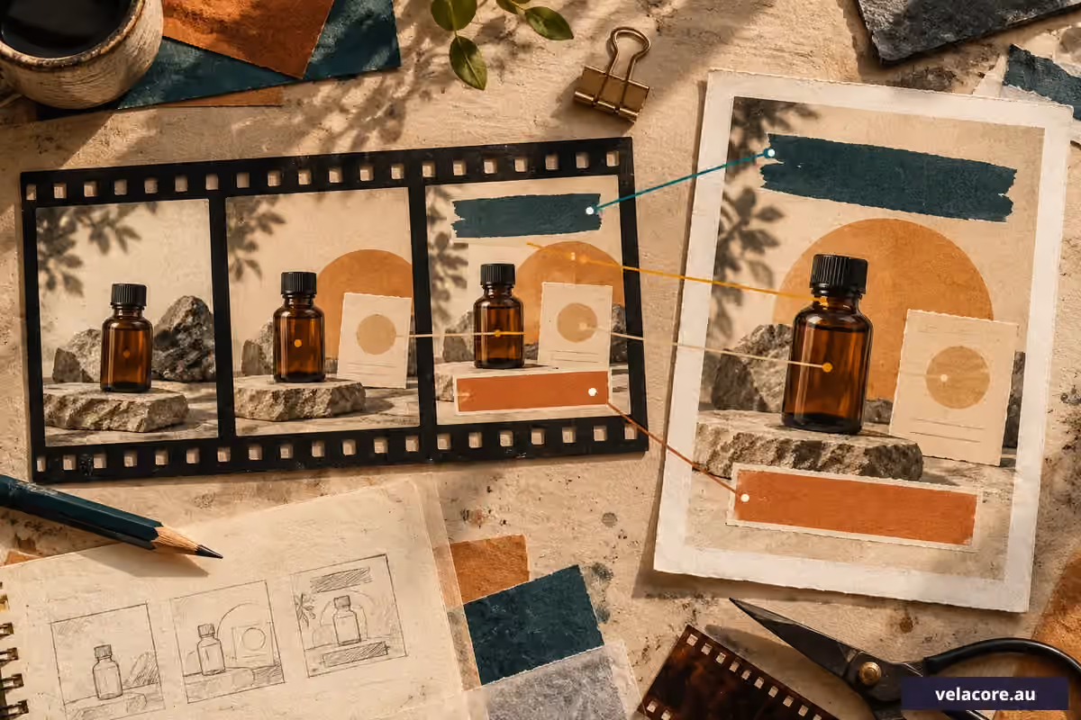 The same product, offer and call-to-action zones are visibly connected across a short video storyboard and a static advertising print