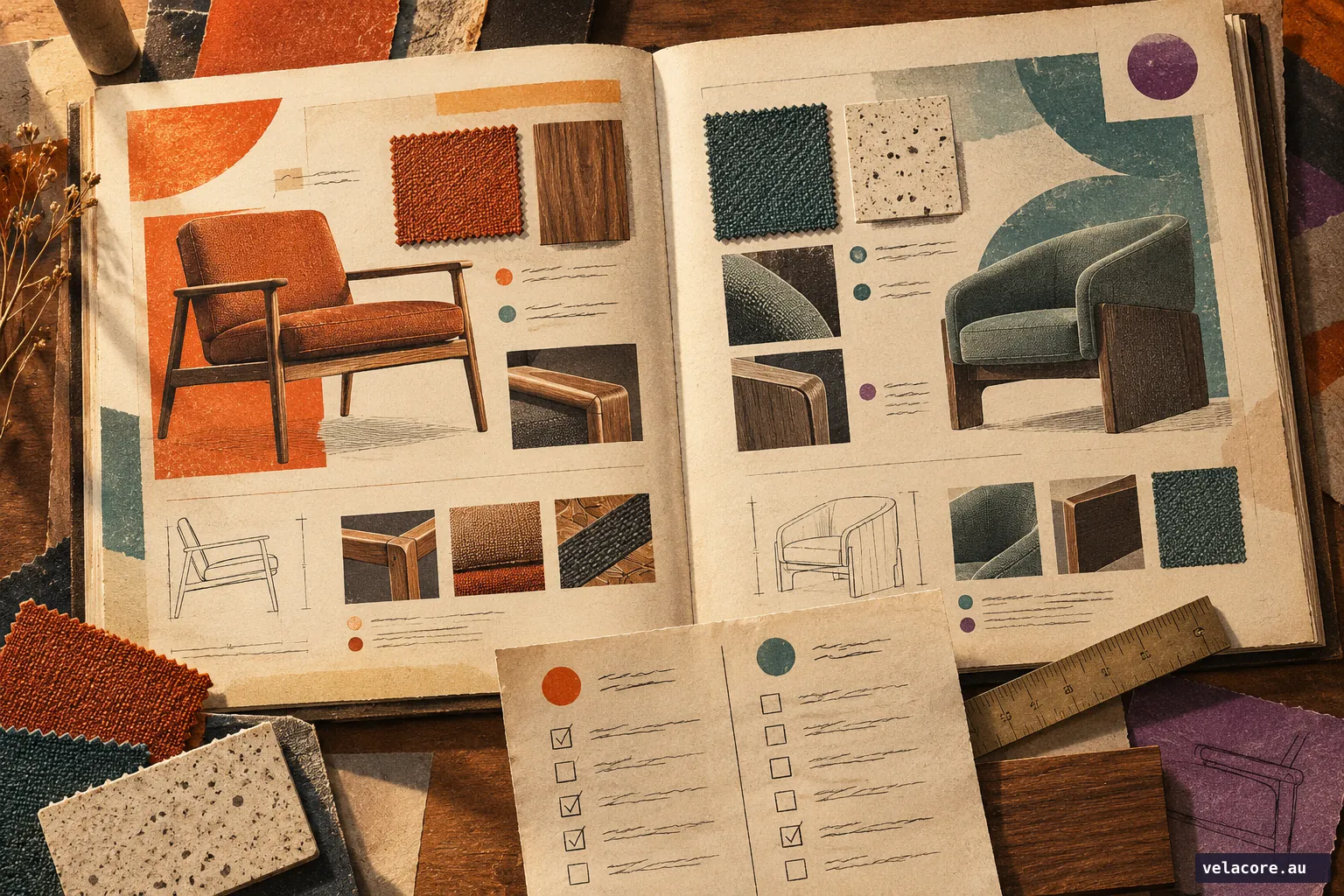 Open product comparison field guide with material samples, specifications and a checklist, illustrating detail a buyer would inspect beyond a short search answer