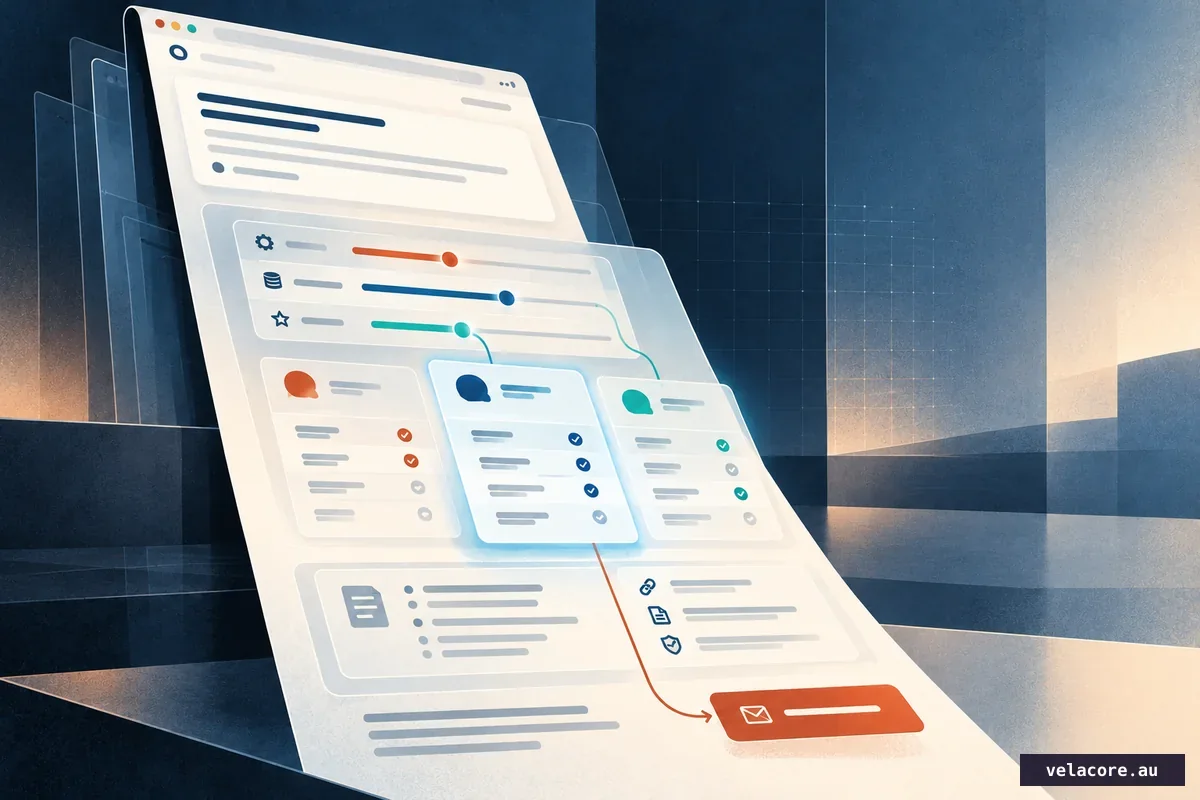 A business-software page unfolds from a concise answer into criteria controls, option comparisons, supporting evidence and an enquiry step
