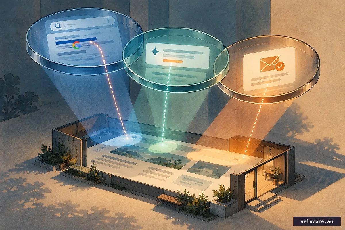 Three translucent lenses inspect the same website through search results, AI-feature links and completed enquiries