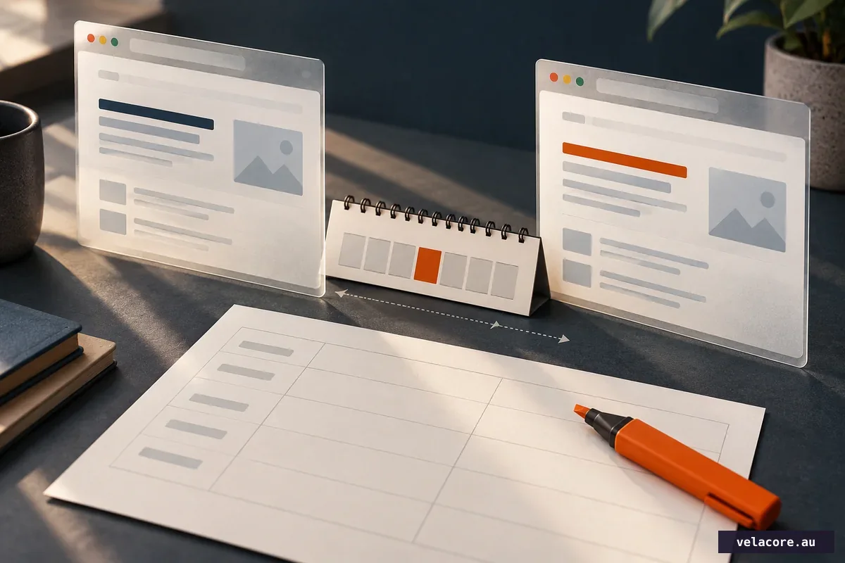 Two views of the same website page show one highlighted title change, a review calendar and an empty measurement sheet for a controlled search test
