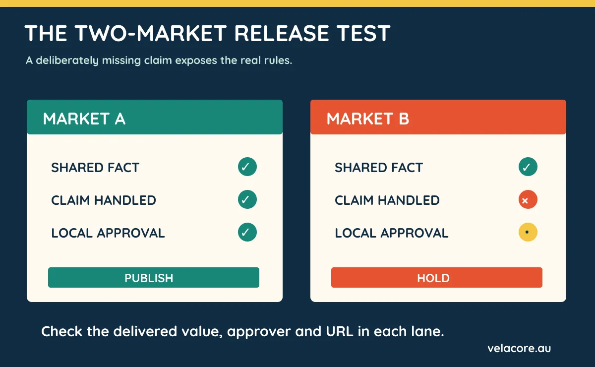 Compact release test showing source facts, fallback, approval and published URLs for two markets