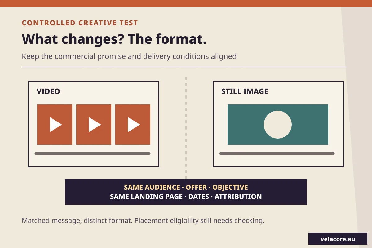 How to compare video vs static ads: video and still-image creatives differ while audience, offer, objective, landing page, dates and attribution stay aligned