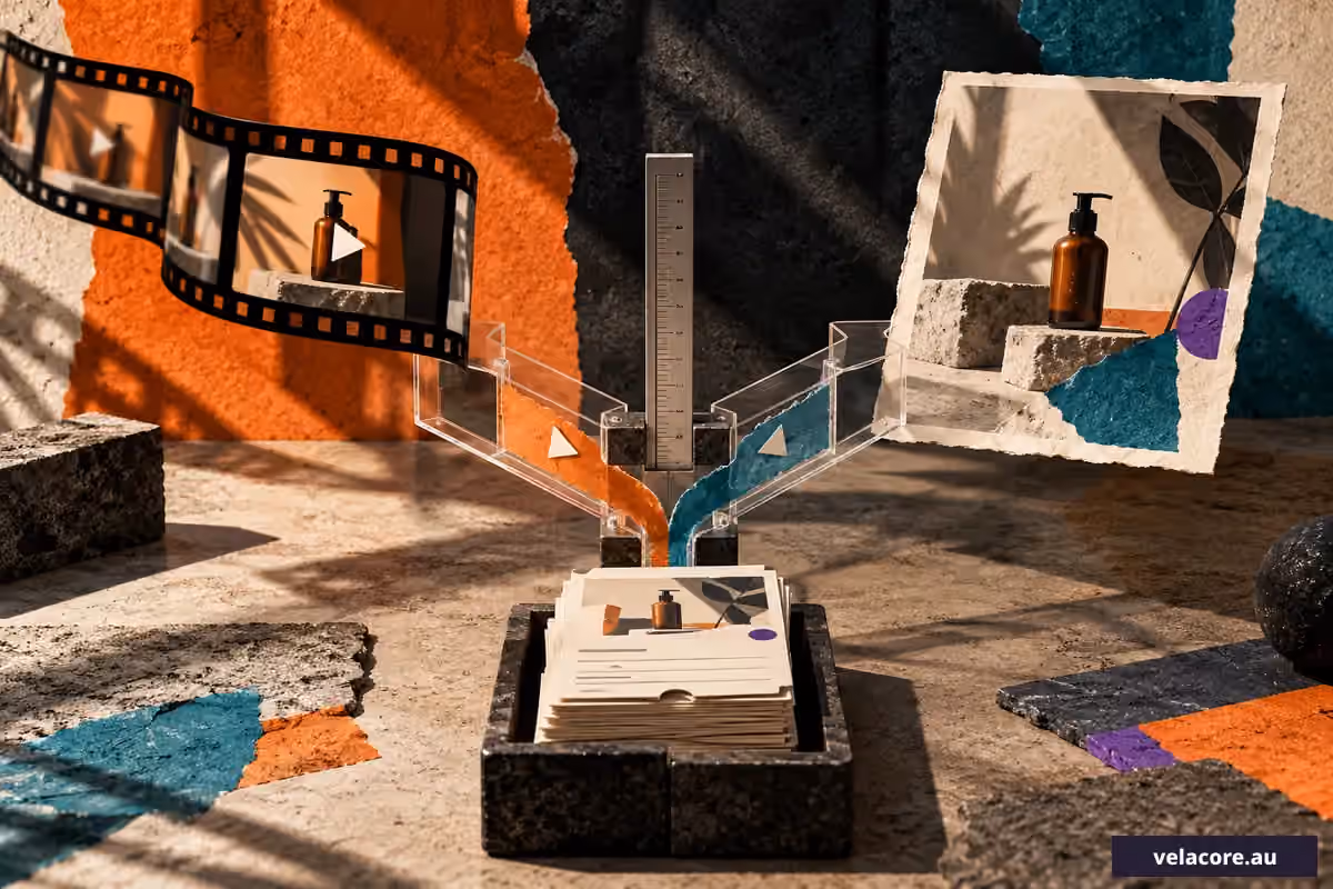 A short video filmstrip and static ad enter matched test lanes that converge on qualified enquiry receipts